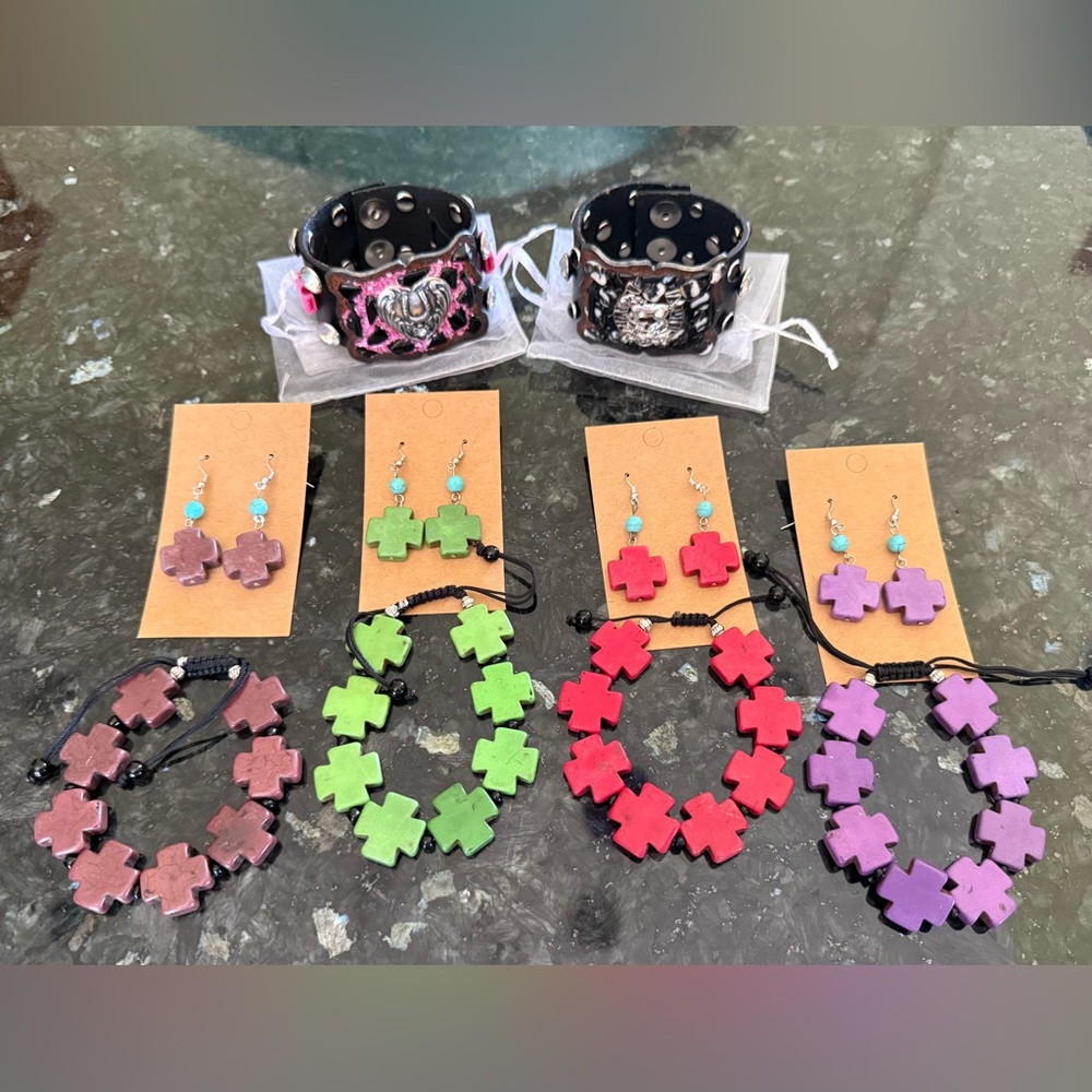 10 Southwest Buckle Leather Cuff Cross Turquoise Stones Bracelets & Earrings Lot